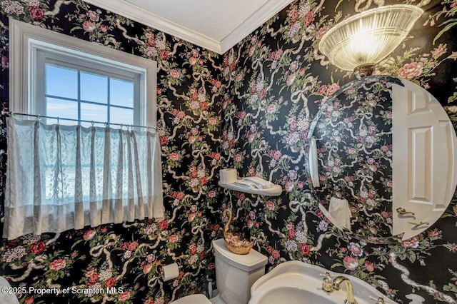 bathroom with toilet, wallpapered walls, a sink, and crown molding