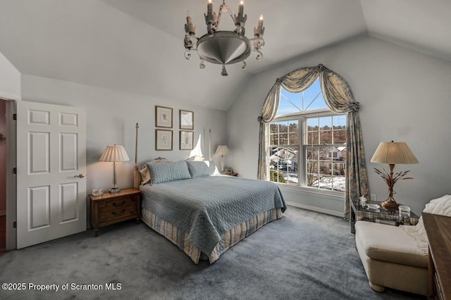 carpeted bedroom featuring lofted ceiling and a notable chandelier