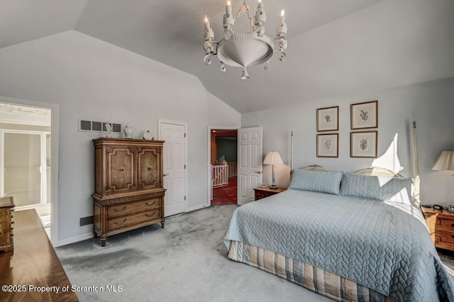 bedroom with carpet, a notable chandelier, visible vents, vaulted ceiling, and baseboards