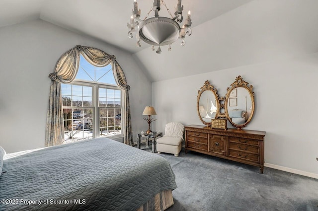 bedroom with lofted ceiling, baseboards, and dark colored carpet