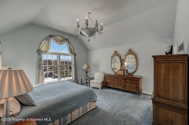 carpeted bedroom featuring lofted ceiling, visible vents, and a notable chandelier