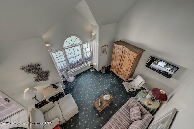 living area featuring high vaulted ceiling and light colored carpet