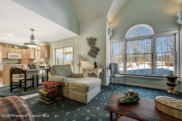 living area with high vaulted ceiling, dark colored carpet, and baseboards