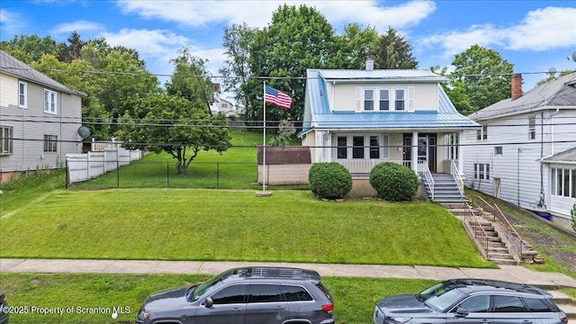 820 Cherry St, Scranton, PA 18505 - view of front of house featuring stairway, covered porch, a metal roof, and a chimney