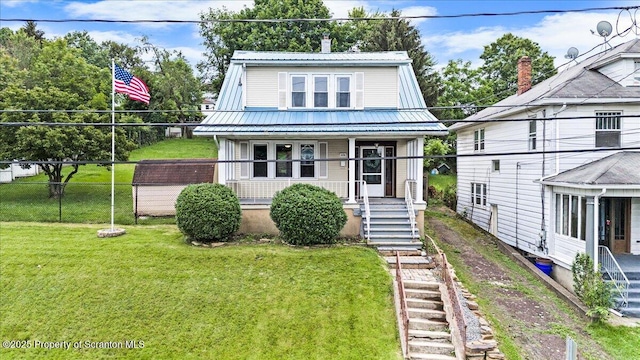 820 Cherry St, Scranton, PA 18505 - dutch colonial with a porch, stairway, a metal roof, and a chimney