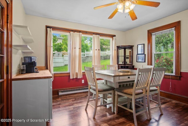 820 Cherry St, Scranton, PA 18505 - dining space featuring baseboard heating, a ceiling fan, and dark wood-style flooring