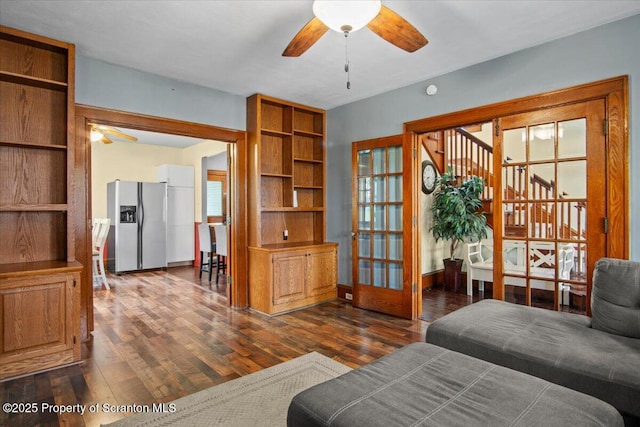 820 Cherry St, Scranton, PA 18505 - living room with a ceiling fan, dark wood finished floors, and french doors