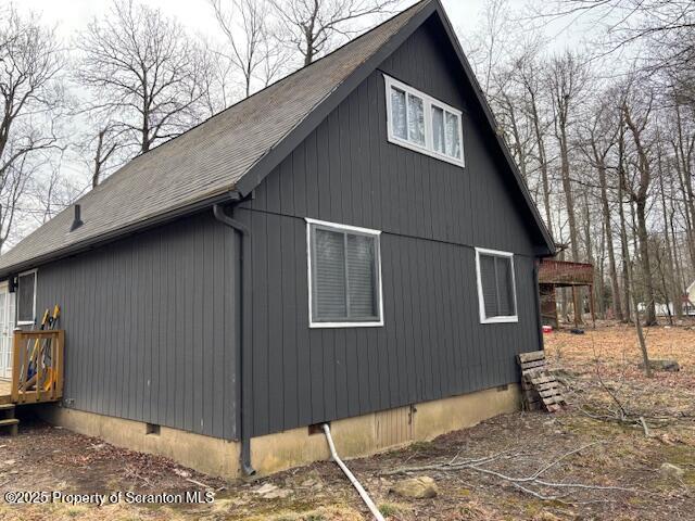 1717 Rolling Hills Dr, Tobyhanna, PA 18466 - view of property exterior featuring crawl space and a shingled roof