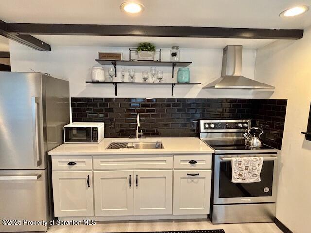 1717 Rolling Hills Dr, Tobyhanna, PA 18466 - kitchen with wall chimney exhaust hood, stainless steel appliances, beam ceiling, decorative backsplash, and white cabinets