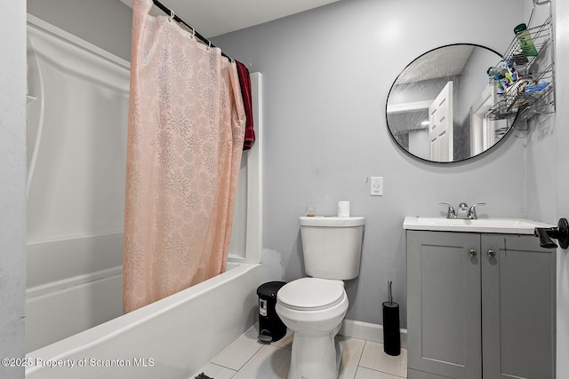 full bath with tile patterned floors, shower / bath combo, toilet, baseboards, and vanity