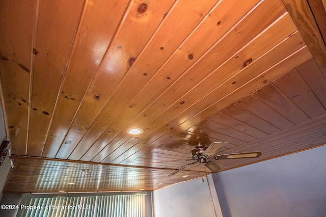 room details featuring ceiling fan and wood ceiling