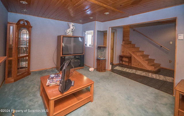 carpeted living room featuring wooden ceiling