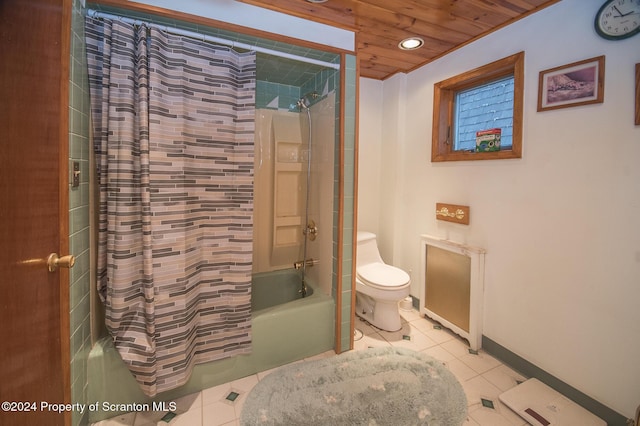 bathroom with wooden ceiling, radiator, tile patterned flooring, toilet, and shower / bathtub combination with curtain