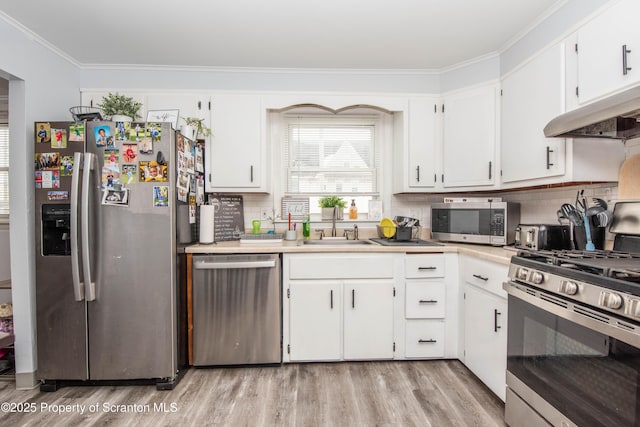 kitchen featuring stainless steel appliances, white cabinetry, sink, and crown molding