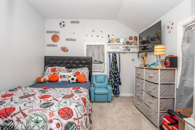 bedroom featuring cooling unit, carpet floors, and vaulted ceiling