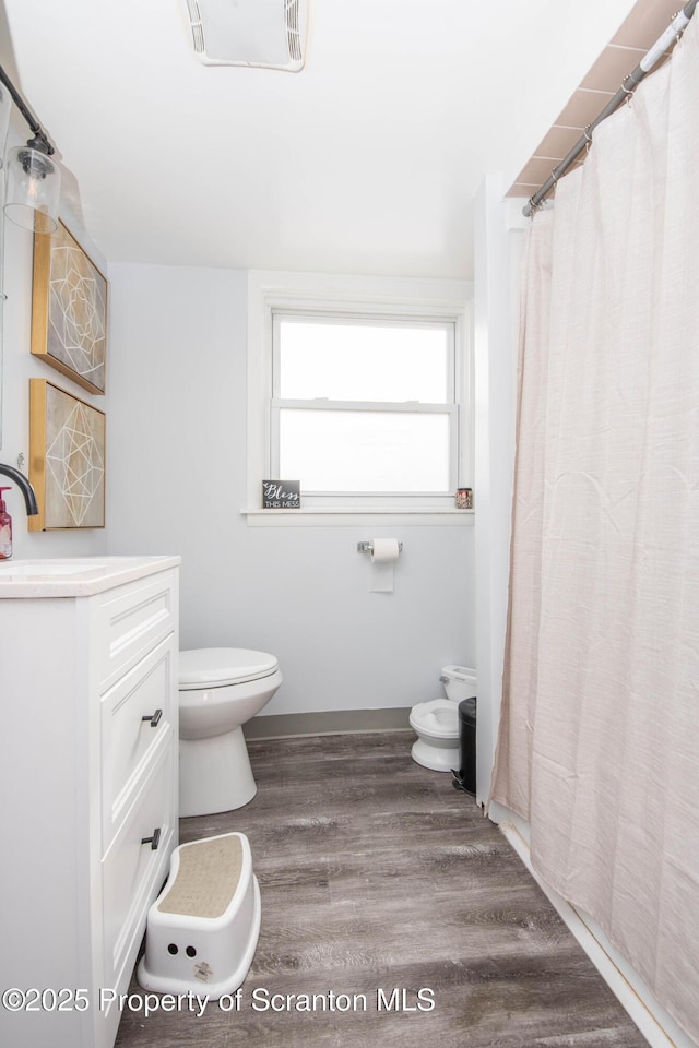 bathroom featuring wood-type flooring, vanity, and toilet