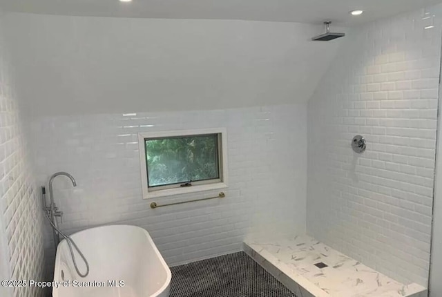 bathroom with plus walk in shower and tile patterned floors