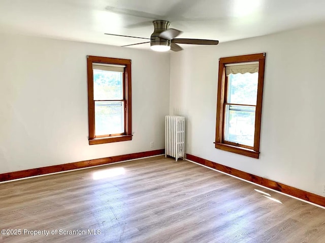 empty room with ceiling fan, radiator heating unit, and light hardwood / wood-style flooring