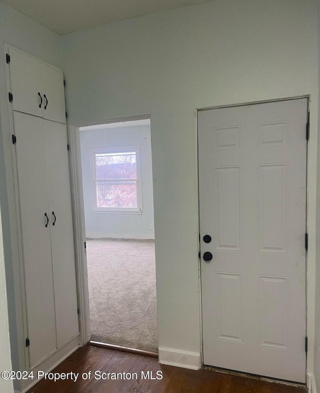 foyer featuring dark colored carpet