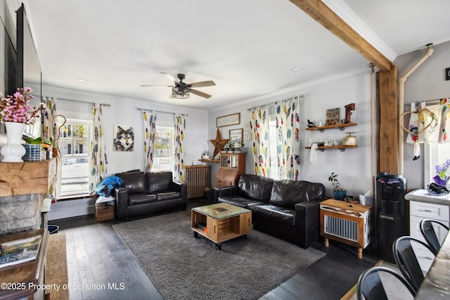 living room featuring dark wood-style flooring, recessed lighting, radiator heating unit, a ceiling fan, and crown molding