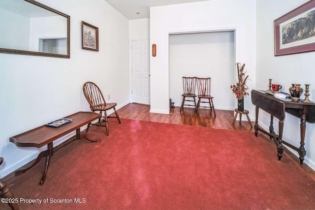 living area featuring dark colored carpet