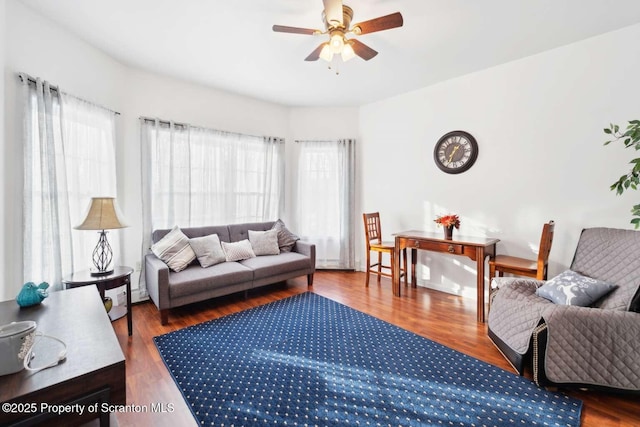 living room with ceiling fan and wood-type flooring