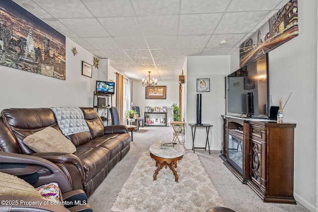 934 W Market St, Scranton, PA 18508 - living area featuring carpet floors, a chandelier, and a drop ceiling