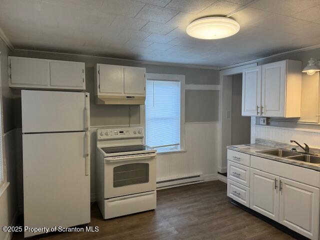 kitchen featuring white cabinets, dark hardwood / wood-style flooring, white appliances, and a baseboard radiator