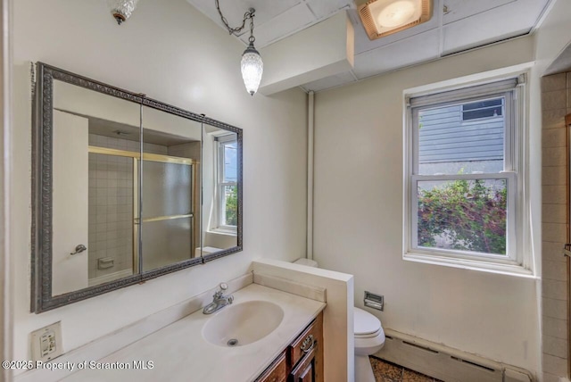 1725 Cedar Ave, Scranton, PA 18505 - bathroom featuring baseboard heating, healthy amount of natural light, vanity, and an enclosed shower