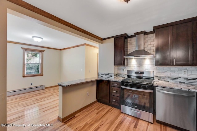 1725 Cedar Ave, Scranton, PA 18505 - kitchen with appliances with stainless steel finishes, wall chimney range hood, a baseboard heating unit, crown molding, and light wood-style floors