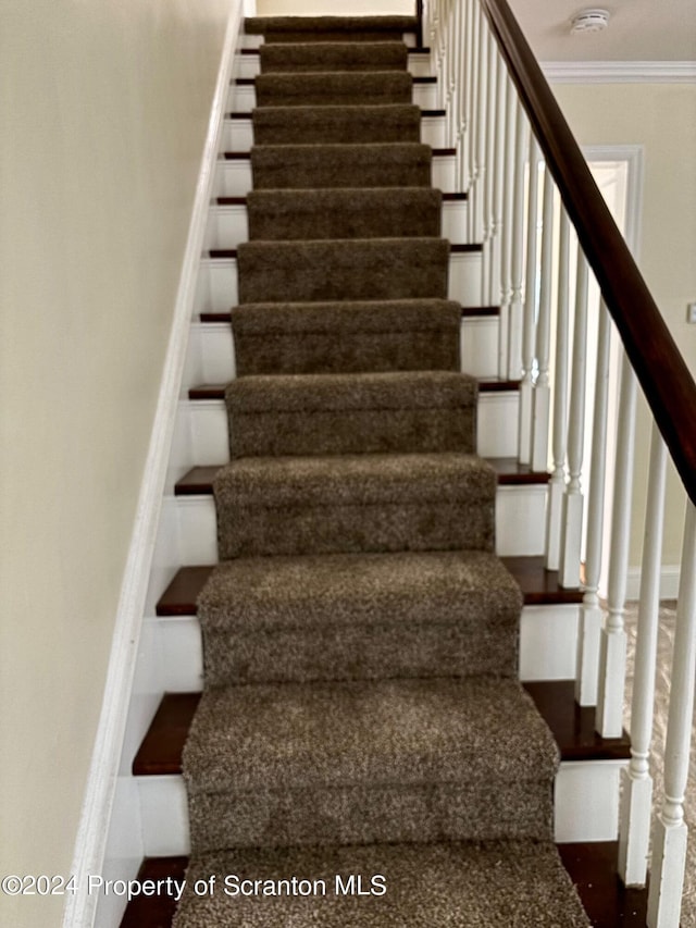 staircase featuring crown molding