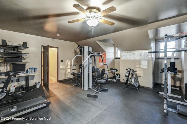 workout area with ceiling fan