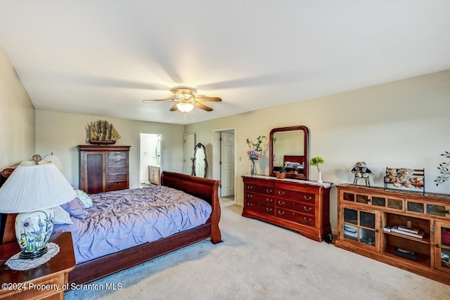 bedroom featuring ceiling fan and light colored carpet