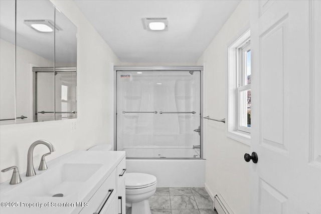 bathroom with visible vents, marble finish floor, toilet, vanity, and shower / bath combination with glass door