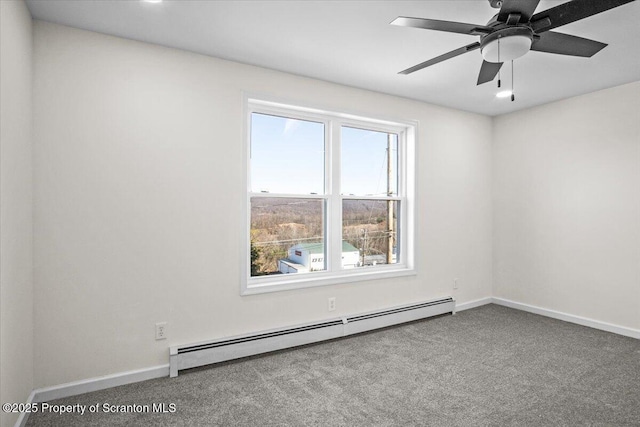 unfurnished room featuring carpet flooring, baseboards, ceiling fan, and baseboard heating