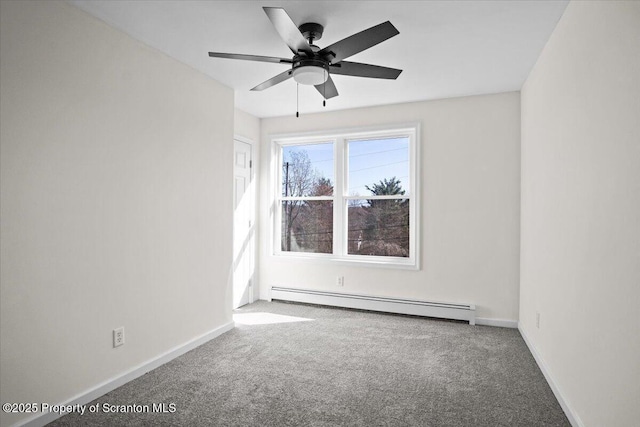 carpeted empty room featuring baseboards, a ceiling fan, and a baseboard radiator