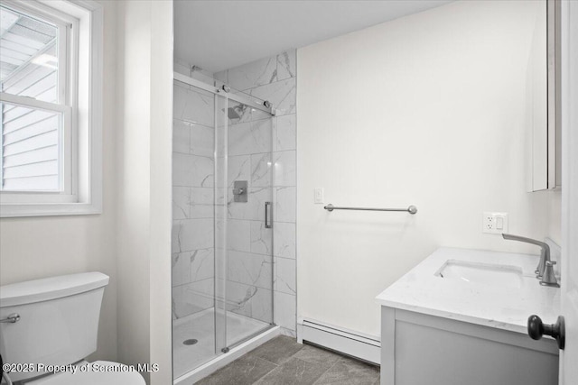 full bathroom with toilet, a stall shower, vanity, and a baseboard radiator