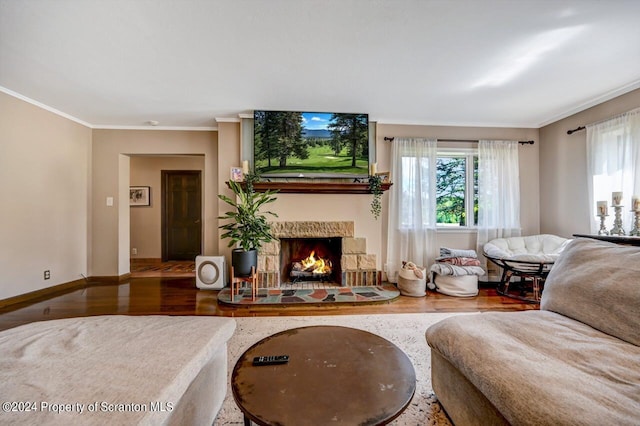 living room featuring hardwood / wood-style flooring, a stone fireplace, and ornamental molding