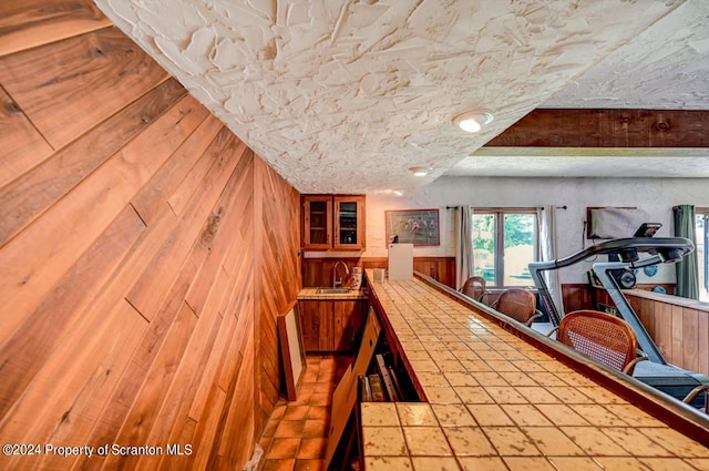 rec room with sink and a textured ceiling