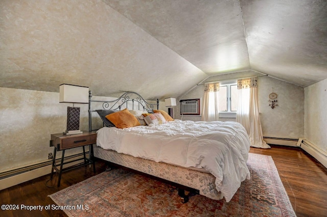 bedroom with a wall mounted air conditioner, a baseboard radiator, vaulted ceiling, and dark wood-type flooring