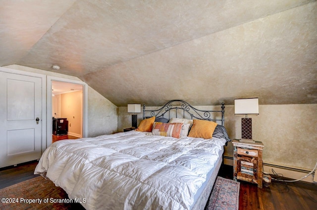 bedroom with dark hardwood / wood-style floors, lofted ceiling, and baseboard heating