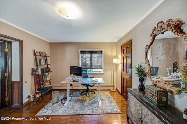 office space featuring crown molding and hardwood / wood-style floors