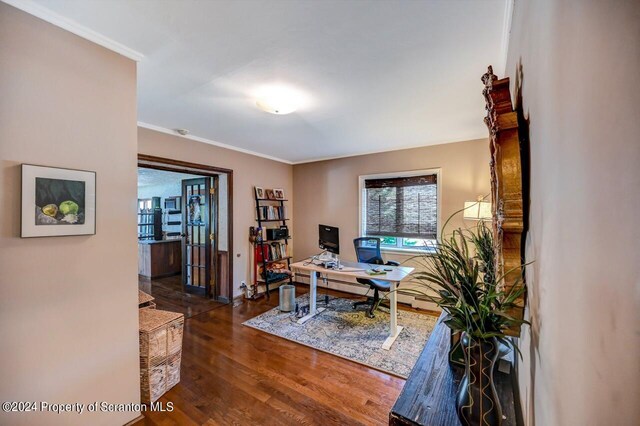 office space with dark hardwood / wood-style flooring and crown molding