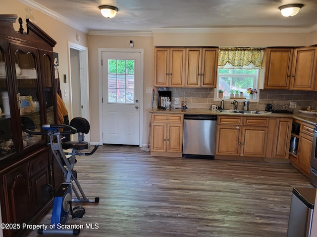 134 Taroli St, Old Forge, PA 18518 - kitchen featuring stainless steel dishwasher, a sink, dark wood-type flooring, healthy amount of natural light, and crown molding