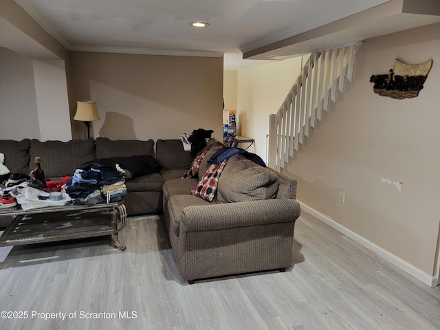 134 Taroli St, Old Forge, PA 18518 - living area featuring wood finished floors, stairway, ornamental molding, baseboards, and recessed lighting