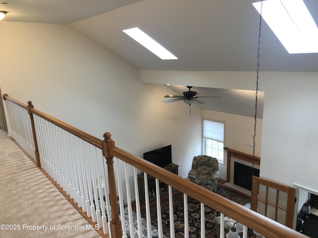 corridor featuring carpet flooring and lofted ceiling with skylight