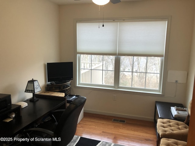 office space featuring ceiling fan and light hardwood / wood-style flooring