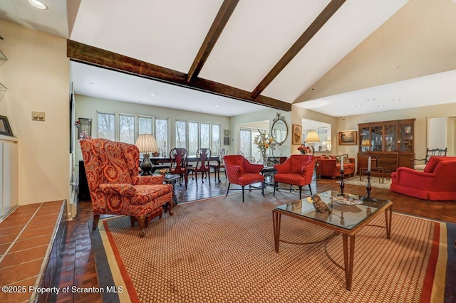 living room with beamed ceiling, high vaulted ceiling, and recessed lighting