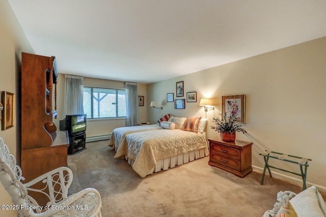carpeted bedroom with a baseboard radiator