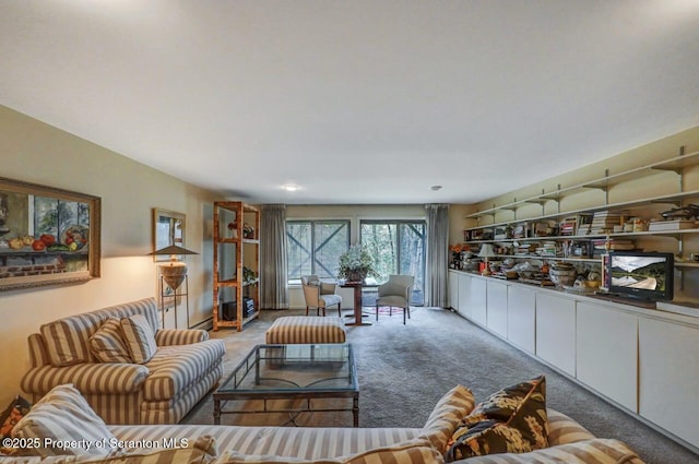 living area with light carpet